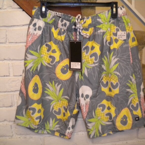 Micros Skull Pineapple Avocado Ice Cream Swim Trunks, Mesh Pockets Drawstring - Picture 1 of 2